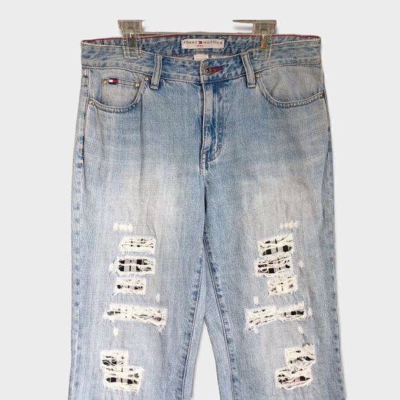 Y2K Tommy Hilfiger Ripped Plaid Patched Straight Leg Jeans Women Sz 6 - Picture 3 of 7